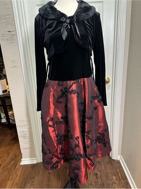 Byer California Girls size 16 with black velvet bodice and maroon A-line skirt.